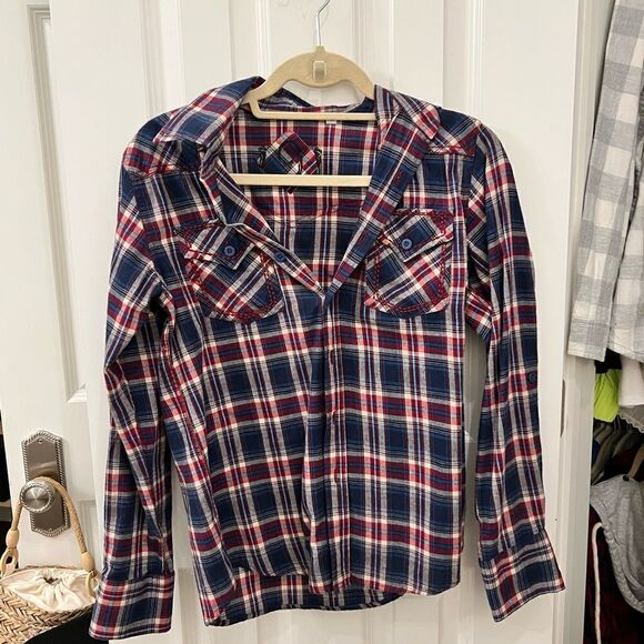 Womens blue red flannel button down - Picture 1 of 3